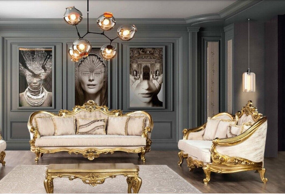 Luxus Sofagarnitur 3+3 Sëtzer Sesselen Sofa Set Stoff Barock Sëtz Grupp Garnitur