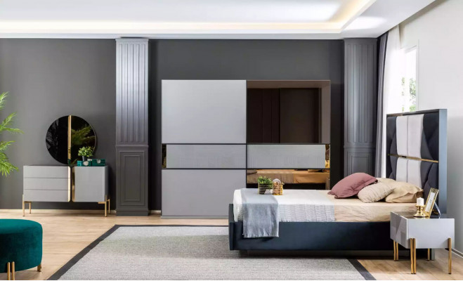 Elegant Schlofzëmmermiwwelen Modern Designs a waarmen donkelen Téin.