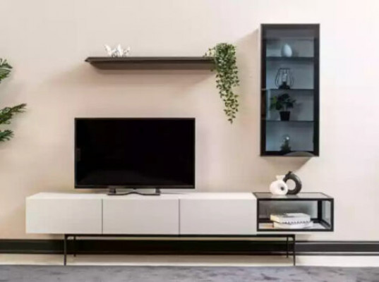 En eenzegaartegen TV-Schaf an Regaler am minimalistischen Stil