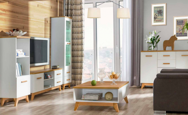 Wunnwand Wunnzëmmer-Set Vitrinn Lowboard Wandregal TV Dësch 5 Deeler