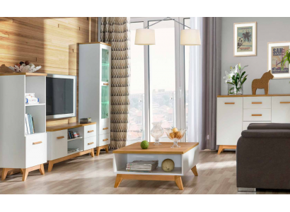 Wunnwand Wunnzëmmer-Set Vitrinn Lowboard Wandregal TV Dësch 5 Deeler