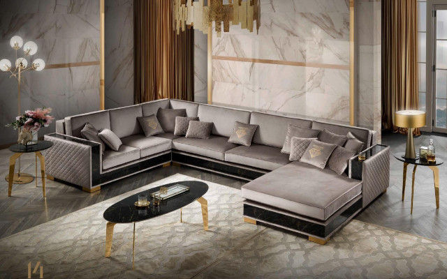 Ecksofa U-Form Sofa Canapé Design Polster Textil Sofas Sëtz Miwwelen Wunnlandschaft