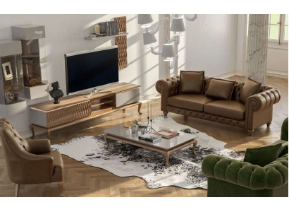 Braun Chesterfield Luxus Sofa Garnitur Moderner Dräisëtzer Sëtz Textil