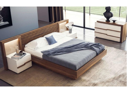 Kaffi Schlofzëmmer Set Luxus Bett Kommode Nuetsdëscher Nossbaum Natur