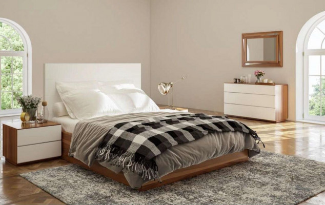 Wäiss-Brongt Schlofzëmmer Set Luxus Holzmibbelen Bett Nuetsdëscher Komoud.