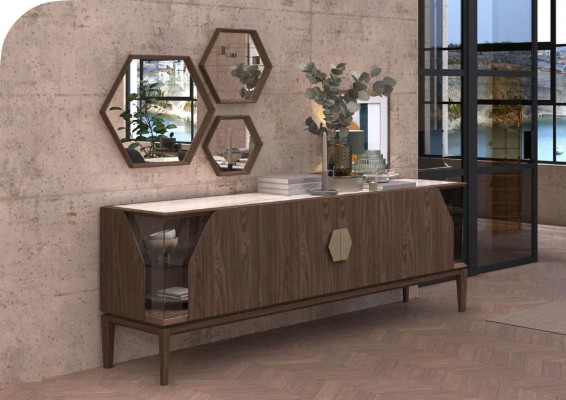 Luxus brong Sideboard mat Glaselementer Späicherraum Iesszëmmermiwwel Holz