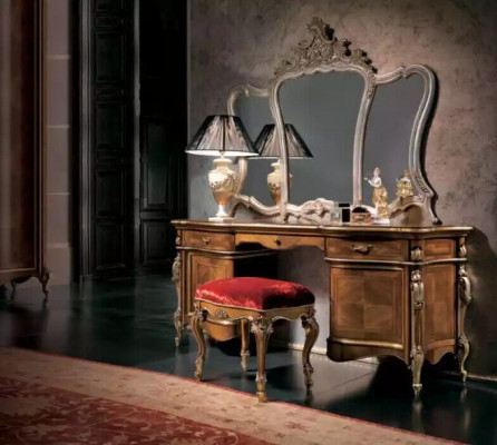 Make-up Dësch Schlofkummer Hocker Spigel Holz Garnitur Designer Miwwel Set