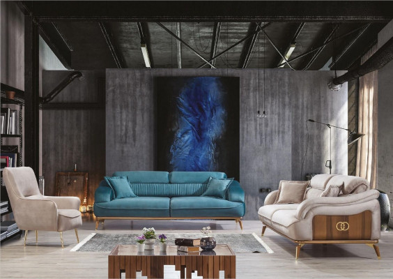 Canapé-Set Garnitur Sofas Fauteuil Dräisëtzer 3+3+1 Sëtzer Textil Blo
