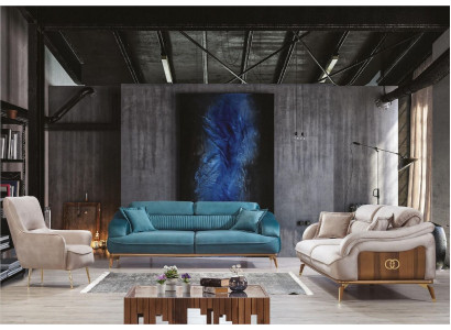 Canapé-Set Garnitur Sofas Fauteuil Dräisëtzer 3+3+1 Sëtzer Textil Blo