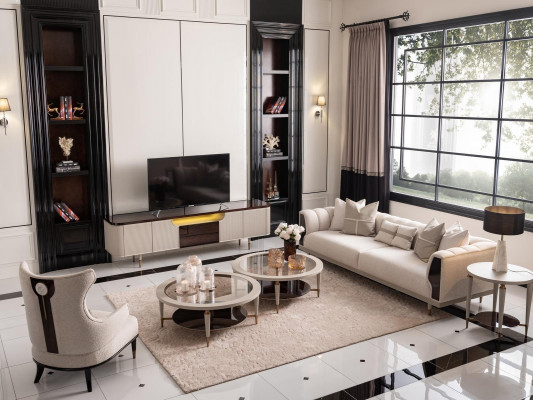 Wunnzëmmer Grupp, Dräisëtzer, Still, Stoffcanapé 6-Deeler, Beige, Dëschléin