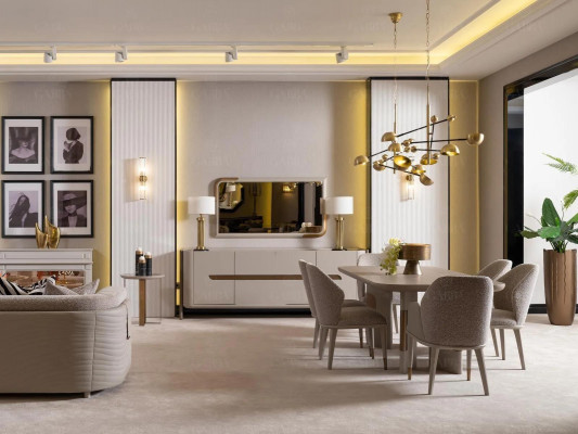 Iesszëmmer Garnitur Iess-Eck Iessdësch Still Set 9-teg Beige Iessgrupp