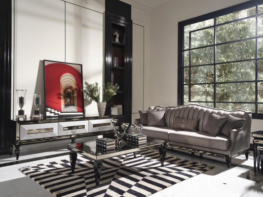 Garnitur Sofa 4 Sëtzer Stoffssofabrëll Dëscht Gro TV Stänner Set 3tlg.