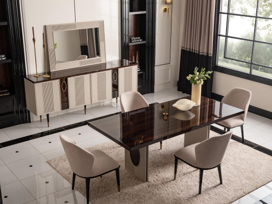 Iessck Eck-Iesszëmmer Iessgrupp Luxus-Iessdësch Still Beige Holz Set 7 Deeler