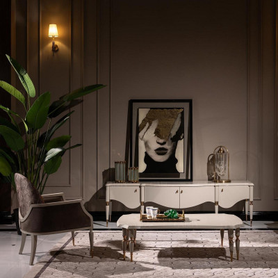 Set Wunnzëmmer Sesselen Stëbs Dësch Coffisdësch RTV Lowboard 3tlg Beige Holz