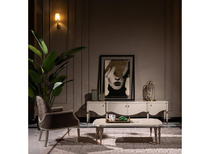 Set Wunnzëmmer Sesselen Stëbs Dësch Coffisdësch RTV Lowboard 3tlg Beige Holz