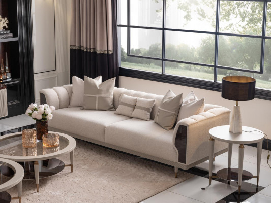 Dräisëtzer Sofa 3 Sëtzer Couchtische Beige Stoffsëdet Set 3tlg Garnitur
