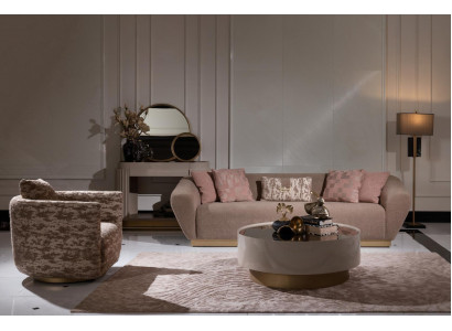 Stoffsofa Garnitur Sofa 3 Sëtzer Sessell Couchtisch Beige Stoff 3-Deeler-Set