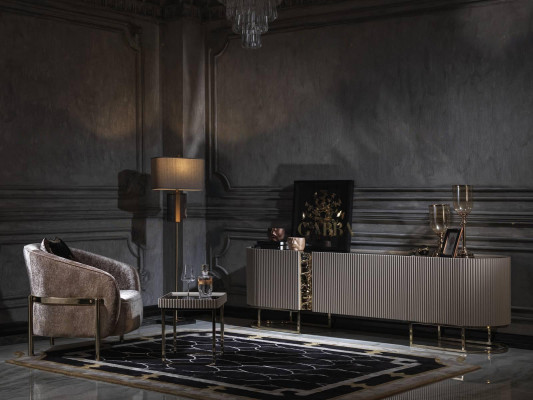 Grupp Fauteuil Wunnzëmmer Niewendësch Beige Stoff TV Ständer Set 3 Deeler