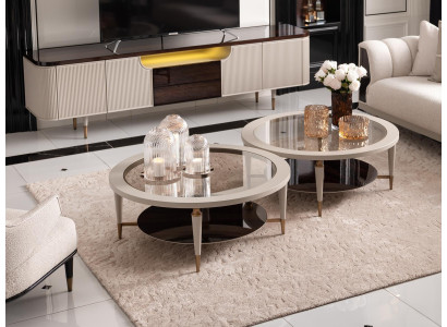 Grupp Sofadësch Beistelltëscher Set 2tlg Kaffisdëscher Beige Holz