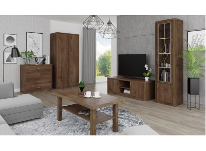 Wunnzëmmer Set Vitrine TV Kommode Couchtisch Kommoden Schaf Holz Nei 5 Stéck.