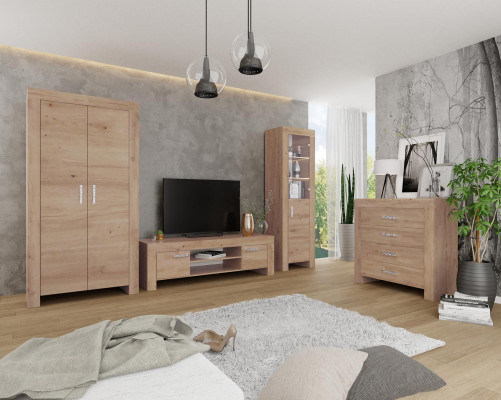 Wunnzëmmer Wunnwand Set Grupp Garnitur Vitrin Kommode 4tlg. Holz Miwwel Regal