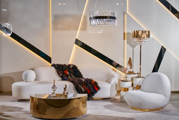 Wäiss Canapéset 3+1 Sëtzer Designer Ronnen Glas Déco-Tafel 3-Teile Set