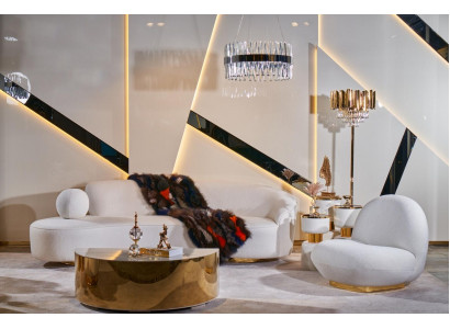 Wäiss Canapéset 3+1 Sëtzer Designer Ronnen Glas Déco-Tafel 3-Teile Set