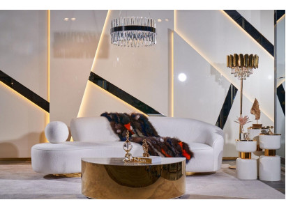 Modern wäisse Canapé Luxus Polster 3-Sëtzer Hallef-ronde Couchtisch 2 Stécker