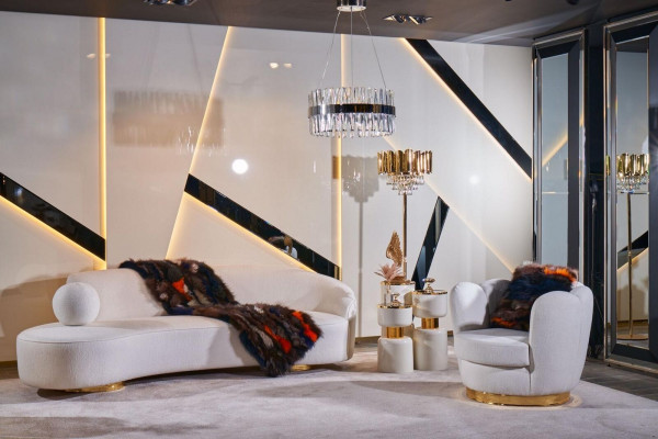 Modern wäisse Canapé Luxus Polster 3-Sëtzer Hallef-ronde Couchtisch 2 Stécker