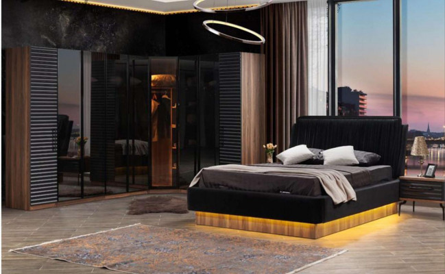 Braun-schwaarze Schlofzëmmer-Set komplett Garnitur Bett 2x Nuetsdëscher.