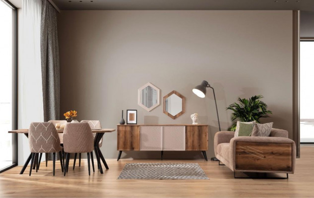 Modern Iesszëmmer Miwwelen Beige 3-Sëtzer Iessdësch Luxus 4x Still Spigel