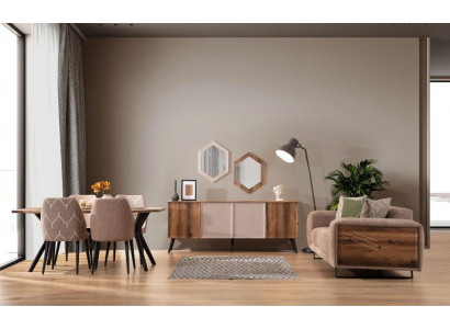Modern Iesszëmmer Miwwelen Beige 3-Sëtzer Iessdësch Luxus 4x Still Spigel