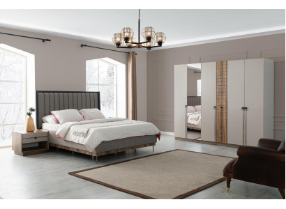 Schlofzëmmer Modern Garnitur Textil Duebelbett Holz Kleederschaf 4tlg