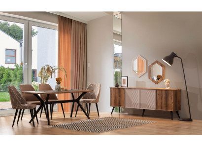 Braune Modern Iesszëmmer Set, Sideboard Holz Iessdësch, 2 Spigelen, 8 Stécker