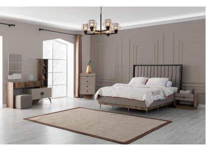 Grou Setschamber Garnitur Duebelbett 2x Nuetsdësch Holz Schminktisch