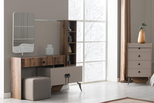 Grou Setschamber Garnitur Duebelbett 2x Nuetsdësch Holz Schminktisch