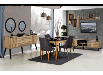 Schwaarz-Brong Iesszëmmer Set Iessdësch 4x Still Sideboard Spigel 8-deelg