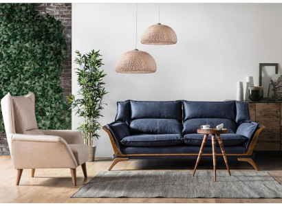 Blo-Wäiss Wunnzëmmer Sofagarnitur Dräisëtzer Luxus Fautteuil Couche 2-Teileg