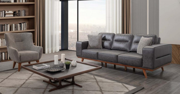 Grau Wunnzëmmer Sofagarnitur Dräisëtzer Fotell Luxus Polster Sëtz.