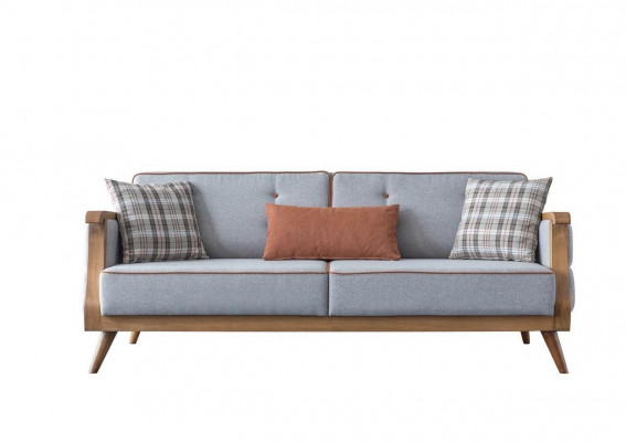 Blo Stoffsuedel Wunnzëmmer Dräisëtzer Polstersaachen Holzgestell Couch