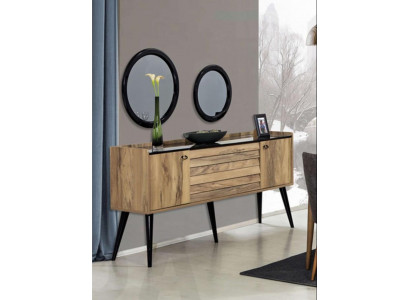 Designer Iesszëmmer Miwwel Set Hellbrong Holz Sideboard Glas Spigel