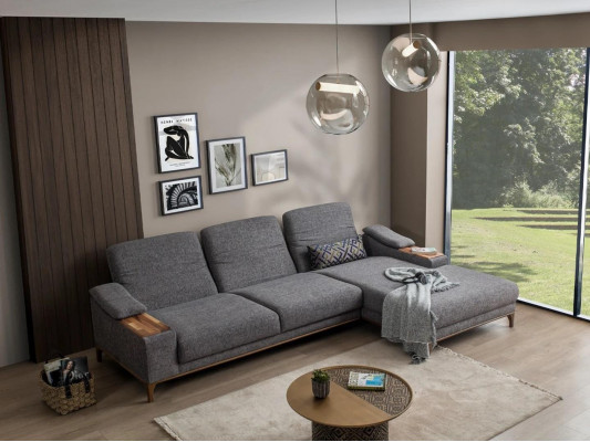 Wunnzëmmer Luxus Grau Eckcouch L Form Polsterméibel Textil Garnitur Modern Design