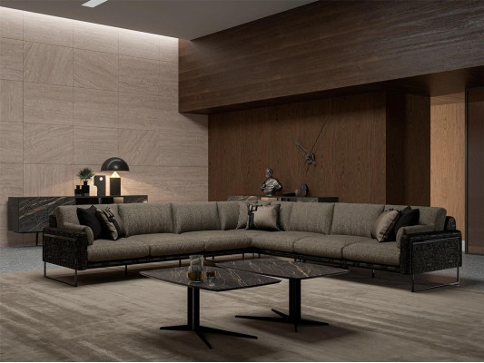 Wunnzëmmer Ecksofa Design Miwwelen Textil Polster Sofas L-Form Neit Dësch