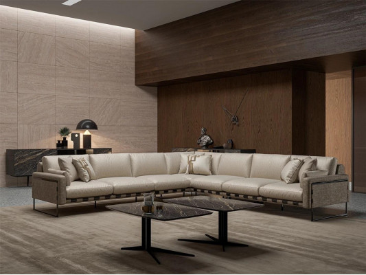 Luxus Ecksofa Canapé Wunnzëmmer Sofa Polster Sëtz L Form Garnitur 2x Dësch.