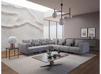Nei Komplett Miwwelen Ecksofa L-Form Textil Ariichtung Wunnzëmmer Holz Couchtisch