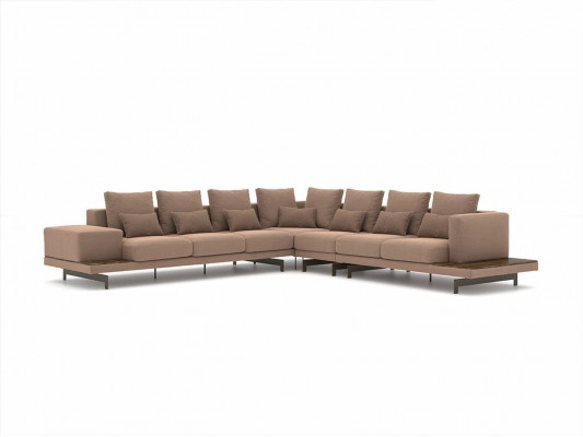 Designer Wunnzëmmer Set 3tlg Polstersëtz Ecksofa L-Form Holz Clubdësch Nei