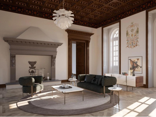 Wunnzëmmer-Set 5-deel Couchtisch 2x Niewentisch Luxus Sofa Zweisëtzer Neie Sëtzstoel