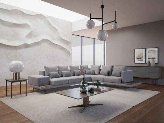 Luxus gro Polstersofa an L-Form hëlze Couchtisch mat Säitentisch Wunnzëmmer