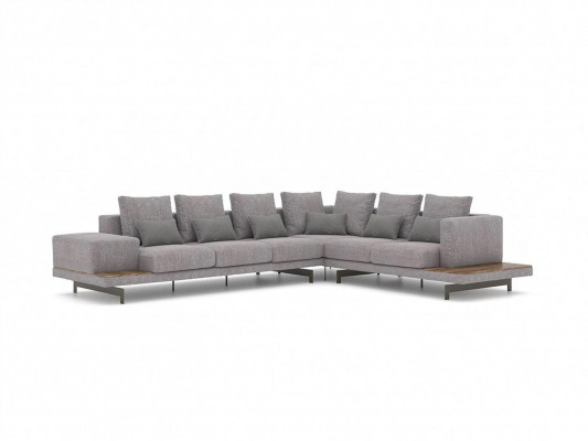Luxus gro Polstersofa an L-Form hëlze Couchtisch mat Säitentisch Wunnzëmmer