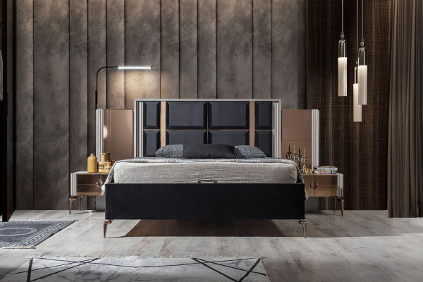Modern Schlofzëmmer Set Bett 2x Nuetsdësch Kleederschaf Schminckteel.